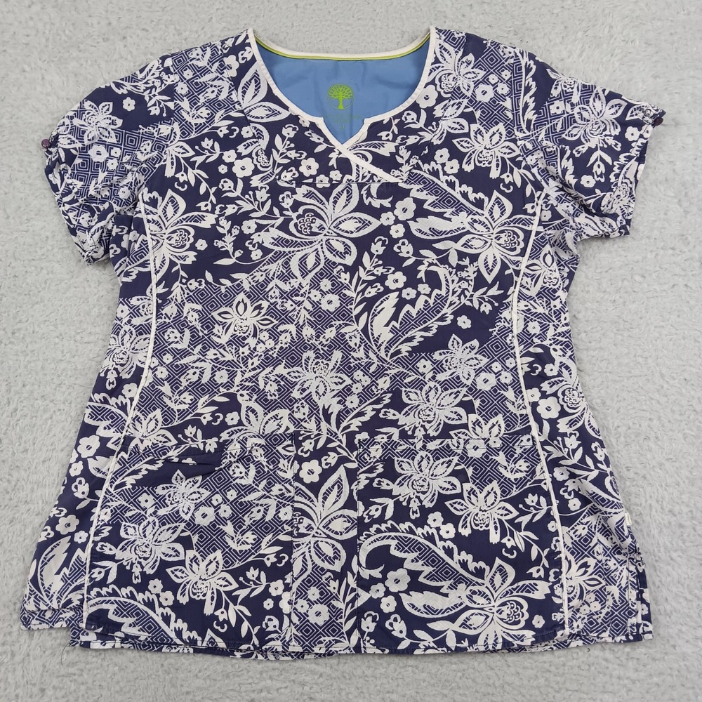 Healing Hands Scrub Top XL Navy Blue Floral Mock Wrap Cotton 2150